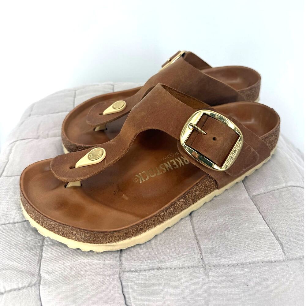 Birkenstock Gizeh Big Buckle Cognac Brown Gold Sandal Thong Flip Flop 37 6.5 6